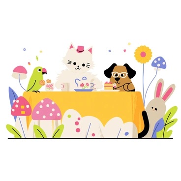 A group of four quirky pets is gathered around a round table covered with a vibrant tablecloth. One pet is a fluffy white cat wearing a tiny pink hat, pouring tea from a floral-patterned teapot into delicate teacups. Next to the cat, a small brown dog with oversized glasses sits eagerly, ready to sample a slice of cake on a plate. A green parrot perched on the edge of the table is playfully nibbling on a biscuit, while a curious rabbit with long ears is peeking over the table, admiring the treats. The garden is filled with oversized flowers in bright colors, and whimsical mushrooms dot the background, creating a cheerful, cartoon-like atmosphere.