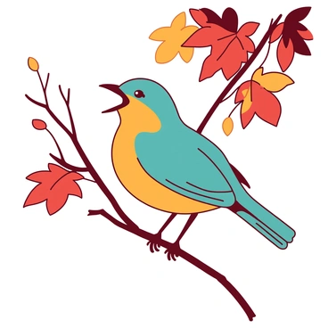 A teal nightingale is perched on a slender branch. The branch is surrounded by vibrant orange and red autumn leaves, creating a colorful canopy. The bird is singing with its beak open, and there are a few leaves gently falling around it. The background features more autumn foliage, enhancing the seasonal atmosphere.