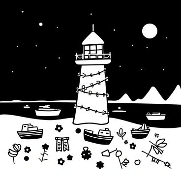 A lighthouse decorated with colorful lights for a festival night