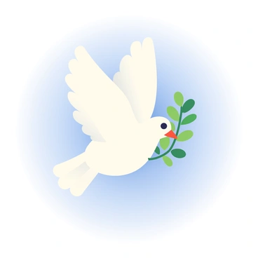 A white dove is soaring through the sky, its wings outstretched gracefully. In its beak, it carries a green olive branch, the leaves gently swaying with the movement of the bird. The dove's feathers are smooth and pristine, catching the light as it flies. The background features a soft gradient of blue, signifying a clear sky, enhancing the serenity of the scene. The olive branch has vibrant green leaves, contrasting beautifully against the dove's white plumage.
