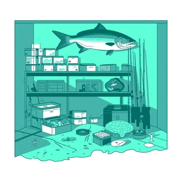 A teal garage filled with various fishing gear. Several fishing rods are leaning against the wall, showcasing their colorful designs. Multiple tackle boxes, in shades of white and teal, are stacked neatly on a wooden shelf, each overflowing with lures and hooks. Above the shelf, there is a large mounted fish, its scales glistening in a mix of colors. The garage floor is cluttered with fishing nets and a cool box, creating a lively atmosphere filled with the essence of fishing adventures.