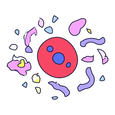 A red blood cell with a smooth, rounded shape. It has a vibrant red color, representing its role in the bloodstream. The cell is depicted with small blue oxygen molecules attached to its surface, illustrating the transport of oxygen. Surrounding the red blood cell, there are various shapes representing the flow of blood as it moves toward body tissues. The background features simple representations of body tissues, indicating the destination of the oxygen delivery.