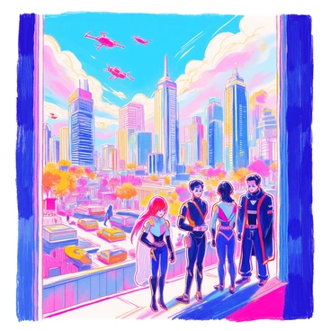 A sprawling cityscape features towering skyscrapers with illuminated windows and busy streets below. In the foreground, a group of AI heroes with sleek, futuristic designs stands confidently. They have glowing accents on their suits and expressive facial features. Opposite them, a group of AI villains with darker, menacing appearances looms, showcasing sharp angles and intimidating stares. The sky above is filled with dramatic clouds, hinting at the tension of the impending showdown. Various drones and flying vehicles zip through the air, adding to the sense of action and urgency in the scene. The urban environment is bustling with life, including pedestrians and vehicles, capturing the vibrancy of the city.