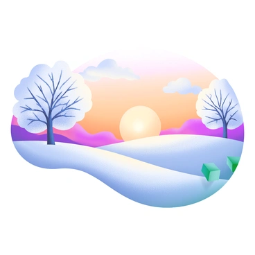 A snowy landscape at sunrise featuring a wide expanse of glistening white snow. The scene includes frosty trees with delicate ice crystals, their branches glistening in the early light. The sky is filled with warm hues of orange and pink, casting a soft glow over the landscape. The sun is just peeking over the horizon, illuminating the snow and creating gentle shadows across the ground. The tranquil atmosphere is complemented by a few wispy clouds in the sky, enhancing the warm light reflecting off the snow.