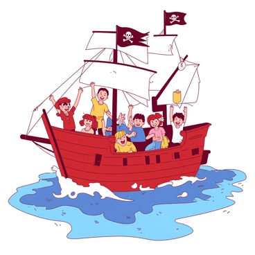A red pirate ship is sailing on a white artificial sea, with its sails fully extended. Onboard, a group of excited children and families are laughing and smiling. Some children are raising their arms in excitement, while others are pointing at the waves created by the ship's movement. The ship is decorated with classic pirate elements, such as a black flag with a skull and crossbones. In the background, there are artificial waves splashing against the hull of the ship, adding to the lively atmosphere of the scene.