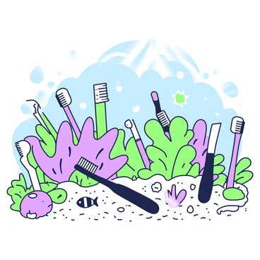 An underwater scene filled with toothbrushes resembling coral reefs. Various toothbrushes of different colors and sizes extend from the sea floor, mimicking the shapes and structures of coral formations. Small fish swim around the toothbrush corals, exploring the intricate designs. Rays of light filter down from the water's surface, casting patterns onto the sand below. In the background, a soft gradient of blue tones represents the ocean depths.