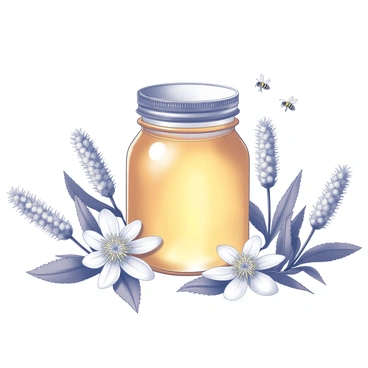 A glass jar filled with honey sits prominently in the center of the image. The jar has a metal lid and the honey is glistening, reflecting light. Surrounding the jar, several bee balm flowers are displayed, showcasing their distinct petals and foliage. The flowers have a tubular shape with a cluster of tiny blossoms at the top, and their leaves are broad and serrated. A few bees are seen hovering around the flowers, highlighting the connection between the bees and the bee balm. The composition captures the natural relationship between the honey, the flowers, and the bees.
