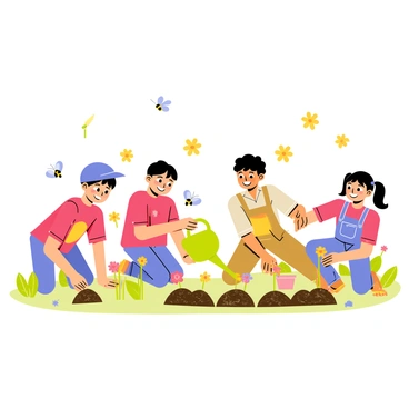 A group of four children is kneeling in a vibrant garden, planting colorful flowers. One child, wearing a blue hat, is holding a small yellow flower while another child, in a red shirt, is digging a small hole in the soil. A third child, dressed in overalls, is pouring water from a bright green watering can onto the newly planted flowers. The fourth child, with pigtails, is gathering seeds from a small container nearby. The children have smiles on their faces as they learn about nature and enjoy the experience of getting their hands dirty. Various butterflies and bees can be seen fluttering around the flowers, adding life to the scene.