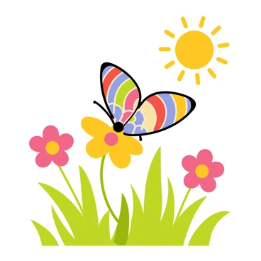 A vibrant butterfly with multicolored wings is gently perched on a blooming primrose. The primrose has bright yellow petals, and it stands out against the green grass of the sunny field. The background features additional flowers in various colors, and the sun casts a warm light over the scene. The butterfly's wings are spread wide, showcasing intricate patterns. The overall composition highlights the beauty of nature in a clear, bright environment.