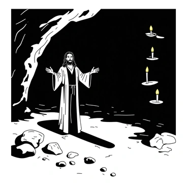 A preacher sharing a sermon inside a mysterious cave, with flickering candlelight casting shadows