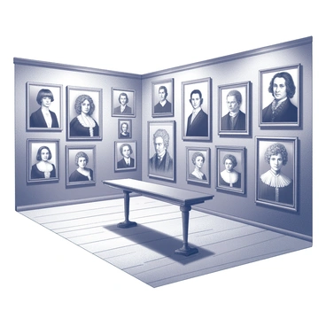 A gallery room filled with numerous old portraits displayed on the walls. Each portrait features individuals from different eras, dressed in historical clothing. The subjects in the portraits have detailed facial expressions, and their eyes are depicted in a way that creates an illusion of following the viewer around the room. The lighting in the gallery casts shadows that enhance the depth and texture of the paintings, adding to the sense of realism. The floor is polished wood, and elegant frames surround each artwork, contributing to the overall atmosphere of the gallery.