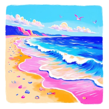 Gentle ocean waves are rolling onto a sandy beach, creating a smooth transition where the water meets the shoreline. The sandy beach is golden in color, scattered with small seashells and pebbles. The clear blue sky above is devoid of clouds, allowing the sunlight to illuminate the scene. In the distance, the horizon merges where the ocean and sky meet, creating a tranquil backdrop. A few seagulls can be seen flying above the water, adding life to the serene atmosphere.