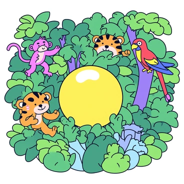 A dense jungle scene filled with lush green trees and thick underbrush. Various animals are peeking out from behind the foliage. A curious monkey with a long tail is swinging from a branch. A bright orange tiger is partially hidden, its eyes glimmering. A colorful parrot is perched on a nearby tree, its feathers vibrant against the greenery. In the center of the scene, there is a large, cartoonish belly button, humorously prominent among the surrounding nature. The belly button has a shiny appearance, drawing attention amidst the playful view of jungle life.