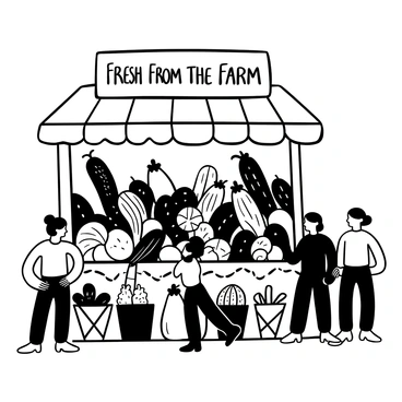 A market stall filled with an assortment of "aubergines" in various shapes and sizes. Each "aubergine" has a distinct texture and pattern on its skin. The stall is surrounded by "woven baskets" containing fresh produce. Above the stall, there is a handmade sign displaying the words "Fresh From the Farm." The ground beneath the stall is covered with a "checkered cloth," adding to the market ambiance. A few "customers" are browsing the produce, creating a lively atmosphere.