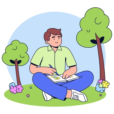 A male illustrator sitting on a grassy area in a sunny park. He has short brown hair and is wearing a light green shirt. He is focused on his sketchbook, which rests on his lap. The sketchbook has pages filled with vibrant drawings. In his hand, he holds a pencil, poised to capture an idea. Around him, there are trees with green leaves and a few colorful flowers scattered on the ground. In the background, a clear blue sky is visible, enhancing the bright atmosphere of the park.