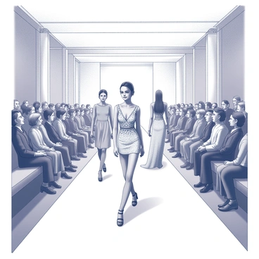 A spacious runway set in an elegantly designed venue. The runway is flanked by a captivated audience, showcasing expressions of admiration and excitement. Model figures walk gracefully along the runway, displaying high-end couture pieces adorned with intricate details and luxurious fabrics. Some attendees are seen leaning forward, their eyes wide with wonder as they observe the exquisite designs. The overall ambiance is one of sophistication and opulence.