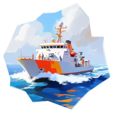 An ocean research vessel navigating through deep blue waters under a clear sky. The ship is equipped with various scientific instruments, including sonar devices and sampling equipment, which are prominently displayed on the deck. Researchers in protective gear are actively conducting experiments and collecting samples. The waves gently lap against the hull of the ship, creating a dynamic sense of movement as it travels further into the open sea. In the background, distant waves roll softly, hinting at the vastness of the ocean.