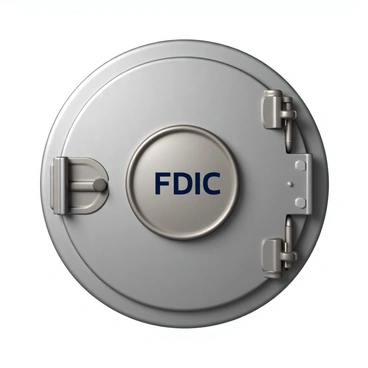 A large, robust bank vault door made of steel with a metallic finish. The door is circular and features intricate locking mechanisms and bolts. The surface shows a polished texture with reflections of light. Prominently displayed in the center of the door is the "FDIC" logo, featuring bold letters in a contrasting color against the door's surface. The surrounding area is well-lit, highlighting the door's heavy-duty construction and security features.