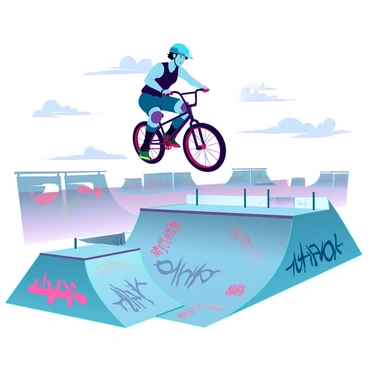 A BMX rider with a blue helmet and a black tank top is mid-air, performing a trick over a half-pipe in an urban skate park. The rider has light brown skin and short curly hair, and they are wearing knee and elbow pads for safety. Below, the concrete ground is scattered with colorful graffiti, showcasing vibrant tags and street art. In the background, large metal ramps and obstacles are visible, and the sky is clear with a few scattered clouds. The overall scene captures an energetic atmosphere of action and urban culture.