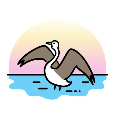 A brown pelican is shown with its large wings spread wide, preparing to take off from the surface of the water. The bird's feathers are rich brown and white, contrasting against the soft hues of the sunrise. The sky is filled with shades of orange, pink, and yellow, blending seamlessly as the sun rises. The tranquil sea reflects these colors, creating gentle ripples that surround the pelican.