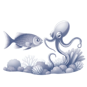 A fish with distinct scales and a streamlined body is swimming in a coral reef. The fish is engaging playfully with an octopus that has long, flowing tentacles. The octopus is interacting with the fish, extending one of its tentacles in a playful manner. The reef is filled with various coral formations and aquatic plants, providing a dynamic environment for their interaction.