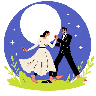 A couple dancing gracefully under the "moonlight." The moon is large and round, illuminating the scene with a soft glow. The couple is dressed elegantly; the woman wears a flowing dress that moves with her as she spins, while the man is in a sleek suit. Twinkling "stars" are scattered across a dark blue sky, adding a magical atmosphere to the moment. The couple is surrounded by a lush green landscape, with silhouettes of trees framing the scene, enhancing the romantic ambiance of their dance.