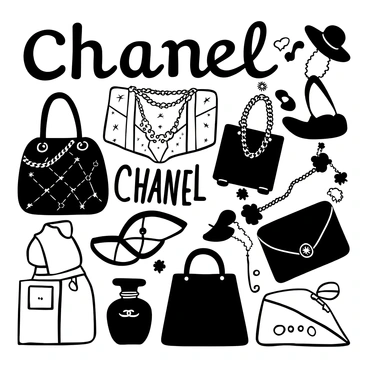 A black-and-white illustration of an intricate collage composed of various Chanel bags arranged in an artistic manner. Each bag showcases its distinct features, such as quilted patterns and chain straps. Surrounding the bags are iconic fashion imagery elements, including silhouettes of high-heeled shoes, elegant dresses, and vintage perfume bottles. The composition is dynamic, with overlapping elements that create a sense of depth and texture within the design. Words "Chanel" are elegantly integrated into the background, enhancing the overall fashion theme of the collage.
