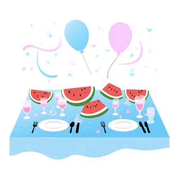 A beautifully arranged festive table setting is displayed with vibrant colors. The table is covered with a bright tablecloth that complements the decorations. At the center, there are large watermelon slice centerpieces surrounded by smaller decorative elements like confetti and colorful party hats. The plates are neatly set with matching utensils, and there are glasses filled with refreshing beverages. Balloons and streamers hang above the table, adding to the celebratory atmosphere.