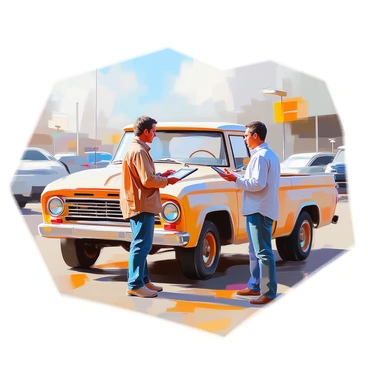 A customer with medium skin tone is standing beside an old, weathered truck, engaged in a conversation with a salesperson. The customer is wearing a plaid shirt and jeans, looking thoughtful as they consider trade-in options. The salesperson, dressed in a professional attire, is holding a tablet, gesturing towards it while explaining the available options. The truck is in the background, showcasing its rugged exterior and faded paint, suggesting it has seen better days. The interaction takes place in a car dealership lot, with a few other vehicles visible in the surrounding area.