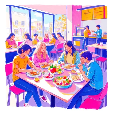 A lively scene inside BCU's cafeteria features a diverse group of students seated at several tables. Some students are laughing and chatting animatedly while others focus on their meals. A table in the foreground holds a colorful spread of various dishes, including a large salad bowl, sandwiches, and fruit. In the background, a student is standing at the counter, ordering food from the cafeteria staff. Bright banners decorate the walls, and large windows allow sunlight to stream in, illuminating the vibrant atmosphere of the space.