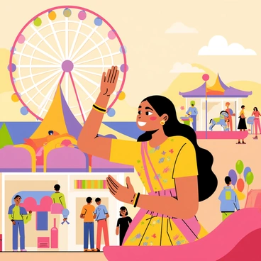 An Indian woman wearing a colorful traditional dress with intricate patterns is smiling while enjoying rides at a vibrant carnival. The background features a bright Ferris wheel with multi-colored lights, spinning carousel horses, and people laughing and having fun. Various stalls with colorful banners and balloons are scattered throughout the scene. The atmosphere is lively, filled with laughter and excitement, as the sun sets, casting a warm glow over the carnival.