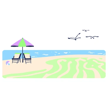 A pristine beach stretches across the scene, showcasing perfectly raked sand that forms gentle, even patterns. The sand is fine and soft, sparkling under the sunlight. The shoreline meets the water with a smooth curve, where gentle waves lap softly against the edge. In the distance, a few seagulls can be seen flying above the water, their wings outstretched. A couple of colorful beach umbrellas stand to the side, with a few chairs neatly arranged around them, inviting relaxation. A single beach ball rests on the sand nearby, adding a touch of playfulness to the serene setting.