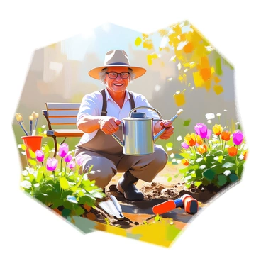 A senior individual with gray hair and glasses is gardening happily in a lush backyard filled with vibrant green plants and colorful flowers. They are wearing a wide-brimmed hat and a comfortable gardening outfit. In their hands, they are holding a distinctive watering can labeled "Pension Fund." The scene captures the joy of gardening, with various plants flourishing around them and sunlight filtering through the leaves. A garden bench and some gardening tools can be seen nearby, adding to the inviting atmosphere of the backyard.