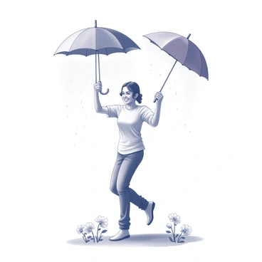 A person is dancing in a downpour, with water droplets visibly splashing around them. The individual is wearing casual clothing and has an expression of joy. Surrounding them are several umbrellas in various vibrant sizes and patterns held above the ground, creating an arch-like effect around the dancer. Along the ground, there are numerous blooming flowers, with petals open wide, adding texture and detail to the scene. The overall composition captures the movement and excitement of the moment.