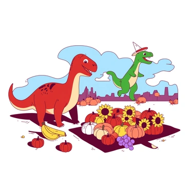 A red dinosaur, with a large pointed tail and friendly eyes, is standing beside a colorful display of various fruits and flowers. Next to it, a green dinosaur is joyfully leaping in the air, surrounded by a collection of bright yellow sunflowers and orange pumpkins arranged in a festive circle. The ground is scattered with fruits like red apples, purple grapes, and yellow bananas, creating a lively atmosphere suitable for a harvest festival. In the background, there are additional dinosaurs, all celebrating together under a clear blue sky.