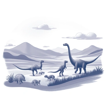 A group of dinosaurs is traveling across a vast landscape. The dinosaurs include a large, long-necked sauropod, a bipedal theropod, and several smaller species, all moving in a coordinated manner. The terrain features rolling hills and valleys, along with various types of vegetation. Some areas show signs of change, with bare patches of ground and others indicating lush plant life. The sky above is filled with clouds, hinting at an approaching storm, while patches of sunlight illuminate different parts of the scene.