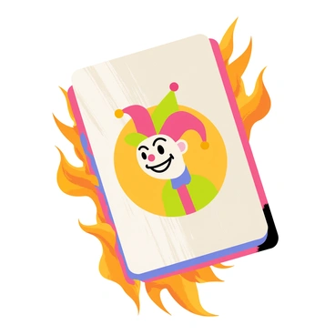 A joker card with a colorful illustration of a jester in the center. The jester has a mischievous smile, wearing a traditional jester hat with bells. Flames in shades of orange and red surround the edges of the card, creating a dramatic effect. The background of the card features intricate patterns in vibrant colors that complement the fiery edges. The card is tilted slightly to give a sense of dynamic movement.