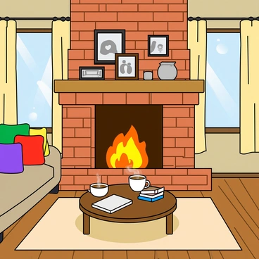 A living room centered around a warm, inviting fireplace with a mantelpiece decorated with family photos