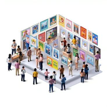A bustling online marketplace showcasing a variety of vibrant digital art pieces. The scene includes numerous colorful and intricate artworks displayed in various formats, such as illustrations, graphic designs, and abstract art. Each piece is presented on virtual walls or platforms, with eye-catching frames and labels indicating the artist's name and title. The marketplace is populated with diverse avatars of buyers and sellers, engaged in conversations and browsing through the artworks. Bright colors and dynamic compositions draw attention to the creative expressions throughout the digital space.