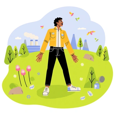 Michael Jackson is standing in a vibrant green field, passionately singing "Earth Song." Surrounding him are various elements of nature, including blossoming flowers and tall trees. In contrast, there are areas showing pollution, such as gray smoke rising from factory chimneys in the distance and plastic waste scattered on the ground. Colorful birds are flying above him, while a clear blue sky provides a backdrop. The scene captures the stark contrast between the beauty of nature and the harsh realities of environmental degradation.