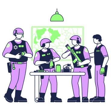 A group of police officers is preparing for a mission in a dimly lit room. Each officer is dressed in tactical gear, including a black vest equipped with various pouches. They are checking their modern equipment, such as communication devices and flashlights. One officer is adjusting a helmet that has a visor, while another is fastening a tactical belt with a holster. A table in the center holds rifles and additional gear, while a large map of the area is pinned on the wall behind them. The atmosphere conveys a sense of focus and readiness as they finalize their preparations.