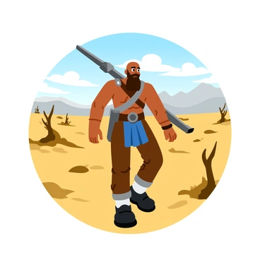 A muscular warrior with a bald head and a long beard, dressed in distinctive armor, is walking through a barren wasteland. The ground is cracked and dry, with scattered rocks and dust clouds swirling in the wind. In the background, a faint outline of a distant mountain range can be seen under a cloudy sky. The warrior carries a massive weapon slung over his shoulder, and his expression is focused and resolute. A few sparse, twisted trees dot the landscape, adding to the desolate atmosphere.