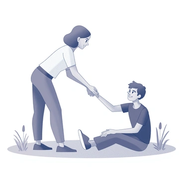 A person with an outstretched hand is reaching down toward another individual sitting on the ground. The seated person has a look of gratitude on their face, with their eyes wide and mouth slightly open in a smile. The scene captures a moment of kindness and connection between the two individuals. The background features simple outlines of grass and a few abstract shapes suggesting a park-like setting, enhancing the focus on their interaction.