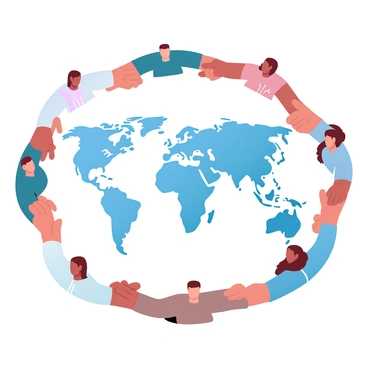 A detailed world map is displayed at the center of the image, showcasing various geographical features. Surrounding the map, there are individuals representing different cultures and ethnicities, each depicted in traditional clothing indicative of their heritage. The people are holding hands in a circle, symbolizing unity and collaboration. The background features a soft gradient of pastel colors, enhancing the overall visual appeal of the scene.