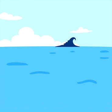 A wide view of an ocean surface that appears eerily calm, reflecting a pale blue sky with soft, fluffy clouds above. The water is smooth and glass-like, with gentle ripples hinting at an underlying tension. In the distance, a towering wall of water, the tsunami surge, begins to rise dramatically, casting a dark shadow across the serene surface. The surrounding atmosphere conveys a sense of anticipation, with the contrasting elements of calmness and impending chaos clearly visible.
