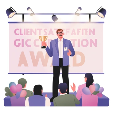 A digital flat illustration depicting an illustrator standing on a stage, receiving an award for "Client Satisfaction." The illustrator is a middle-aged person with short brown hair and glasses, wearing a blue blazer over a white shirt, and black trousers. They are smiling proudly while holding a shiny trophy in one hand. Behind them, there is a large banner that reads "Client Satisfaction Award" in bold letters. The audience is visible in the foreground, clapping and showing appreciation, with some holding colorful balloons. Spotlights illuminate the scene, highlighting the illustrator on stage.
