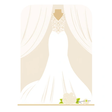 An elegant bridal gown displayed in a boutique window. The gown features a fitted bodice with intricate lace detailing and a flowing skirt that cascades gracefully to the floor. The lace is delicate and floral, adding a touch of sophistication. The boutique window is framed with soft white curtains, and soft lighting highlights the gown, creating a dreamy atmosphere. A small bouquet of white roses is placed beside the gown, enhancing its romantic appeal.