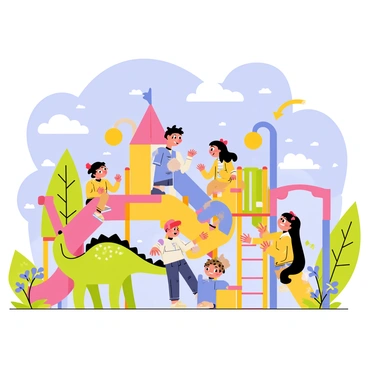 A vibrant playground filled with colorful equipment, including swings, slides, and climbing structures. Several children are playing joyfully, laughing as they climb and slide. Friendly dinosaurs, such as a small green brontosaurus and a playful yellow triceratops, are interacting with the children, adding to the fun atmosphere. The sky above is bright blue with a few fluffy white clouds scattered throughout. Brightly colored flowers and trees can be seen surrounding the playground, enhancing the lively scene.