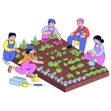 A group of women working in a large vegetable garden. Each woman has a distinct appearance, wearing colorful gardening outfits. Some women are kneeling in the soil, planting seeds, while others are standing and tending to the plants. Various vegetables like tomatoes, peppers, and greens are visible, growing in neat rows. Garden tools such as trowels and watering cans are scattered around the area. A few flower beds add a touch of color among the vegetables. The sun is shining, casting soft shadows on the ground.