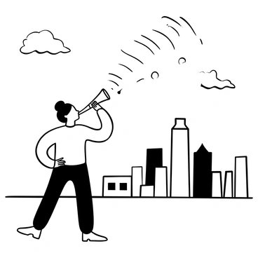 A figure standing with an upright posture, blowing a whistle. Waves of sound illustrated as concentric circles emanating from the whistle, expanding outward. In the distance, a city skyline is depicted, featuring tall buildings with varying shapes and heights. The skyline is silhouetted against the background, with a few clouds and a vast expanse of sky above it. The entire scene is rendered in black and white.